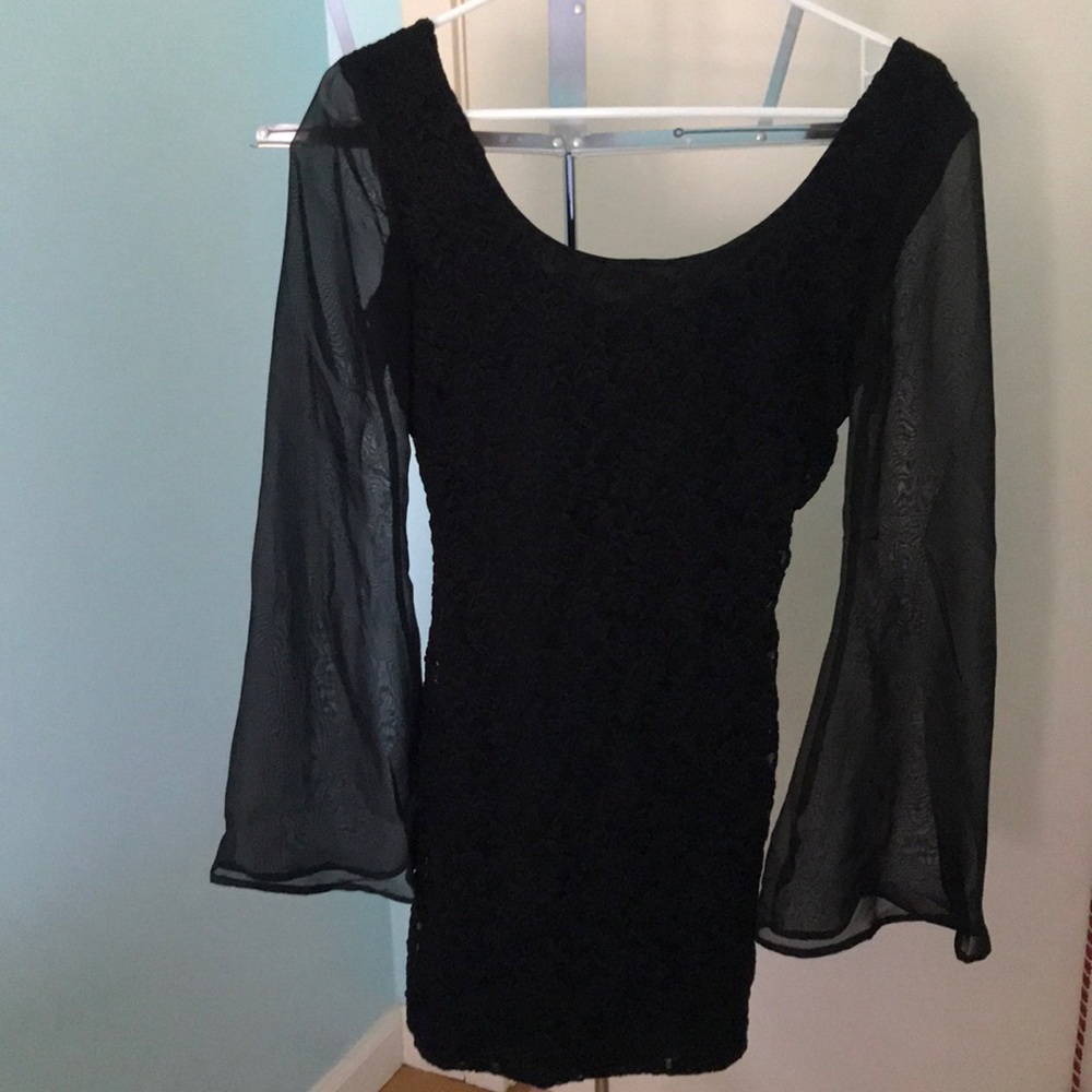 Fitted Black Lace Dress with Mesh Bell Sleeves (S)